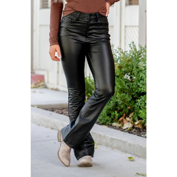 KanCan NWT Augusta Pleather Black Vegan Button Fly High Rise Boot-Cut Jeans 5/26 - Picture 1 of 13